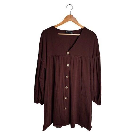 ASOS  Long Sleeve Dress Size 12 Brown Button Down Front Cotton Fall Neutral - Picture 1 of 7